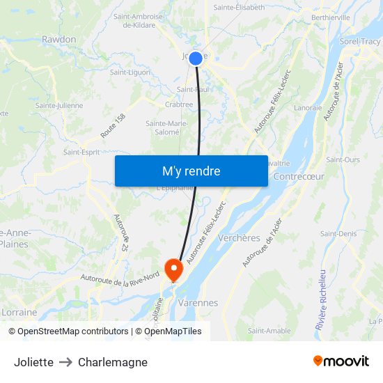 Joliette to Charlemagne map