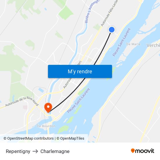 Repentigny to Charlemagne map