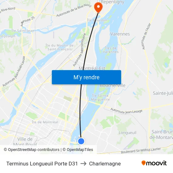 Terminus Longueuil Porte D31 to Charlemagne map
