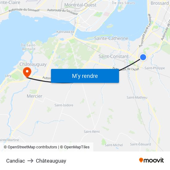 Candiac to Châteauguay map