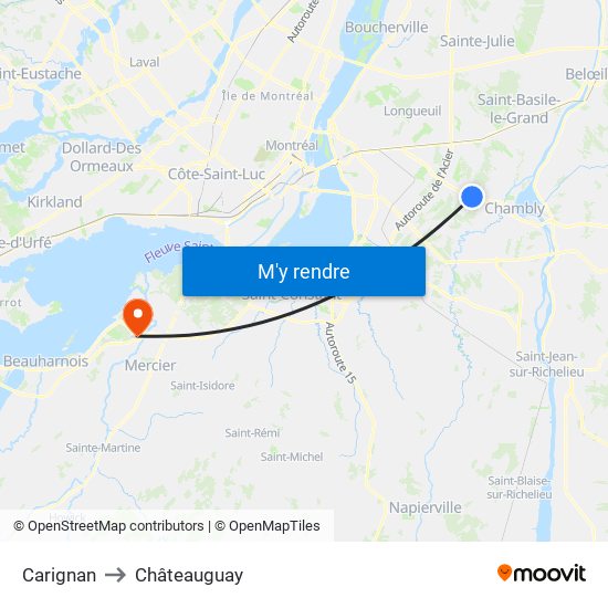 Carignan to Châteauguay map