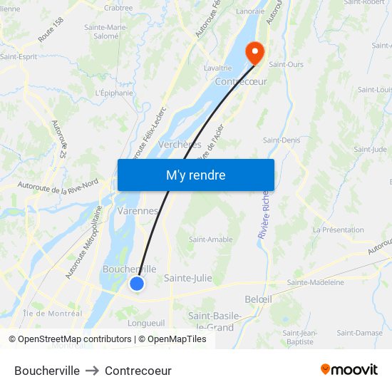 Boucherville to Contrecoeur map