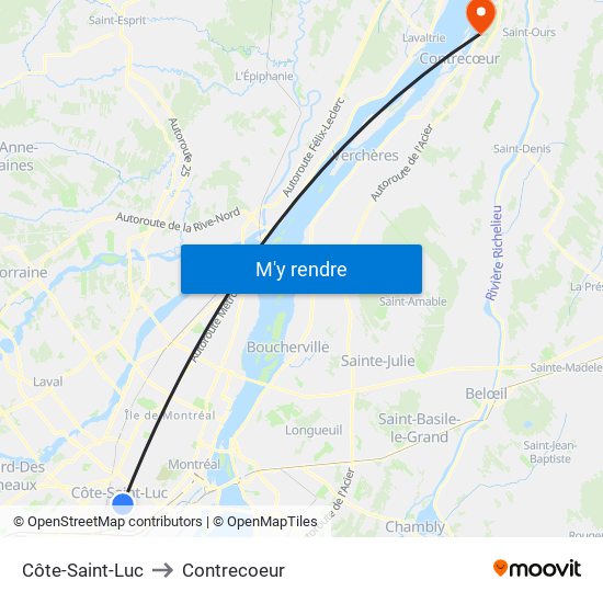 Côte-Saint-Luc to Contrecoeur map