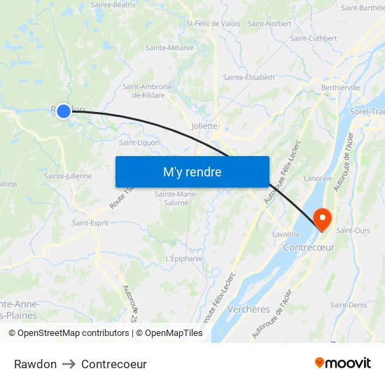 Rawdon to Contrecoeur map