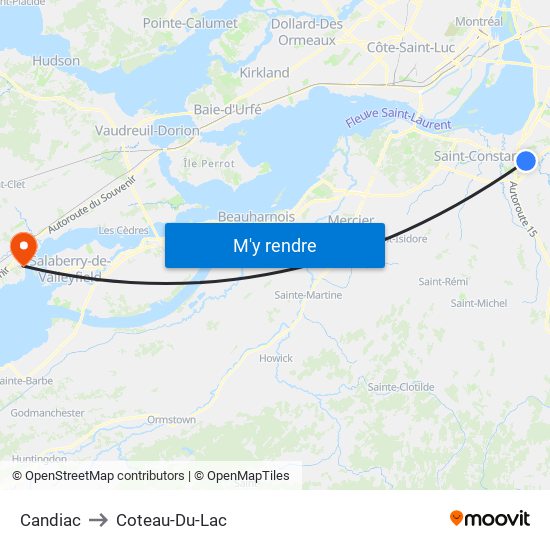 Candiac to Coteau-Du-Lac map