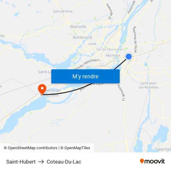 Saint-Hubert to Coteau-Du-Lac map
