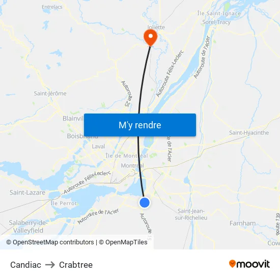 Candiac to Crabtree map