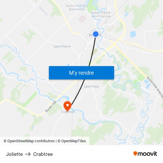 Joliette to Crabtree map