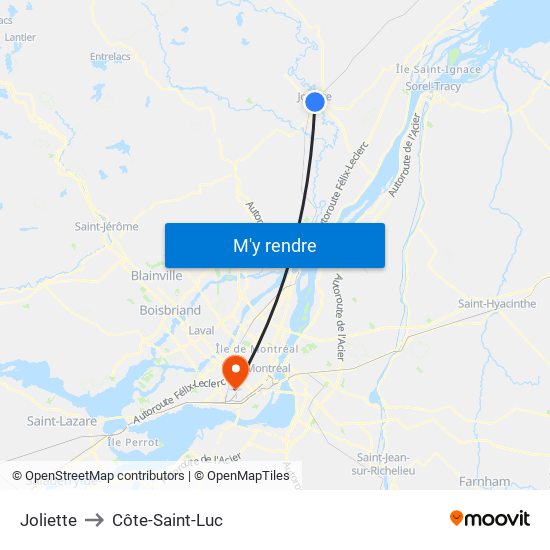 Joliette to Côte-Saint-Luc map