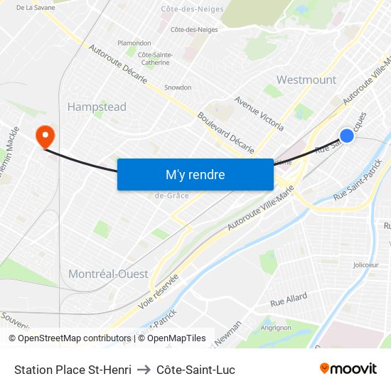 Station Place St-Henri to Côte-Saint-Luc map