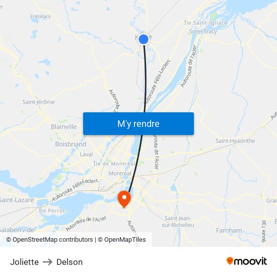 Joliette to Delson map