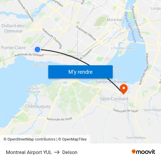 Montreal Airport YUL to Delson map