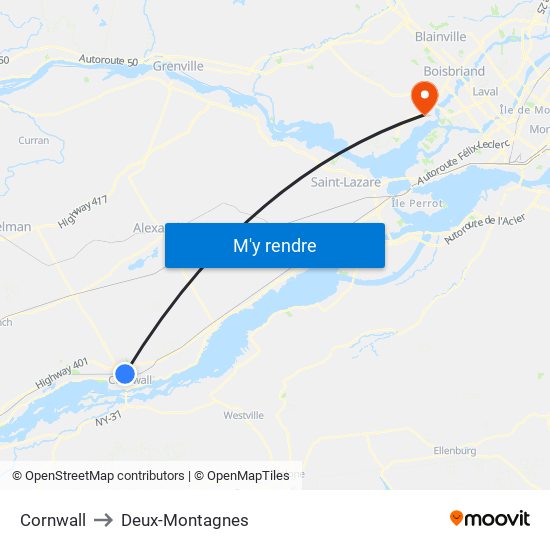 Cornwall to Deux-Montagnes map