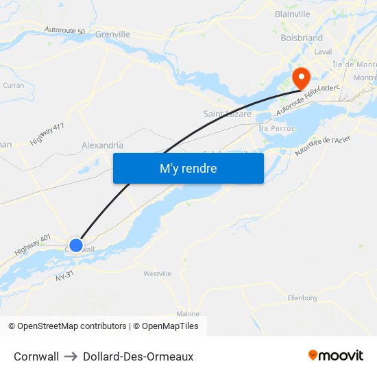 Cornwall to Dollard-Des-Ormeaux map