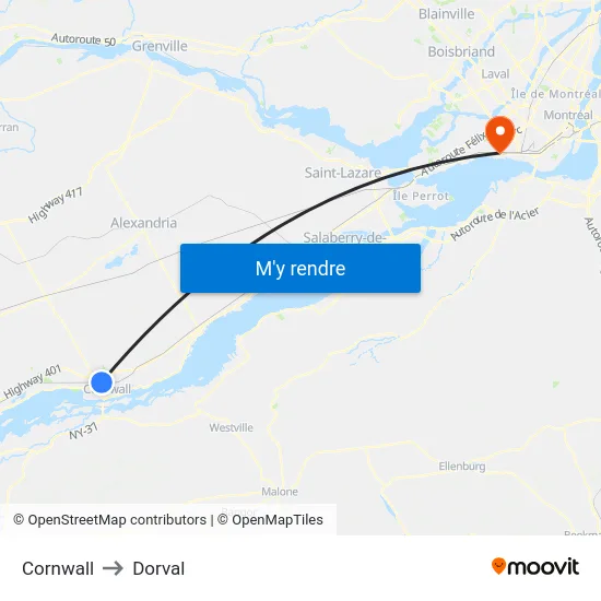 Cornwall to Dorval map
