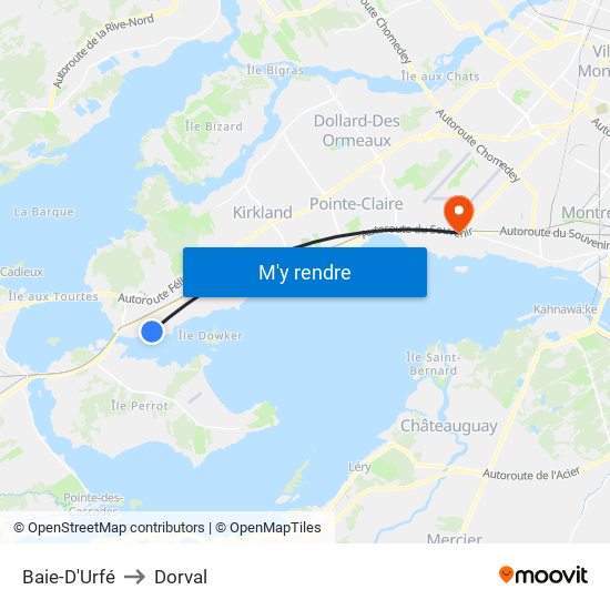 Baie-D'Urfé to Dorval map