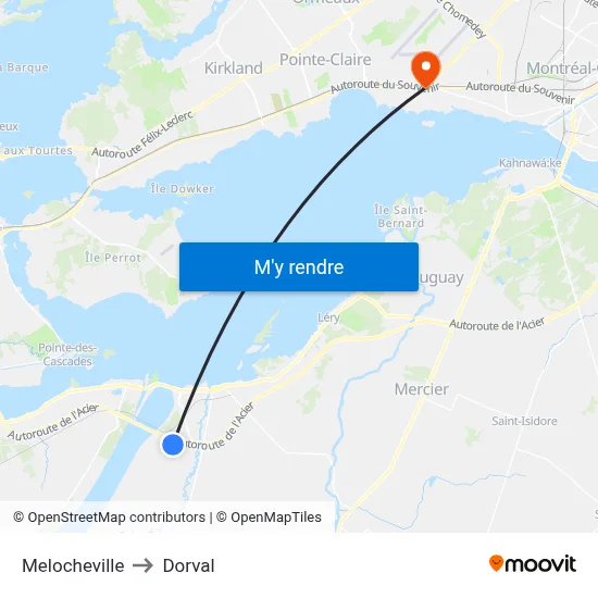 Melocheville to Dorval map