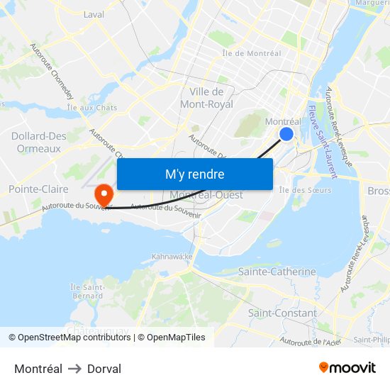 Montréal to Dorval map