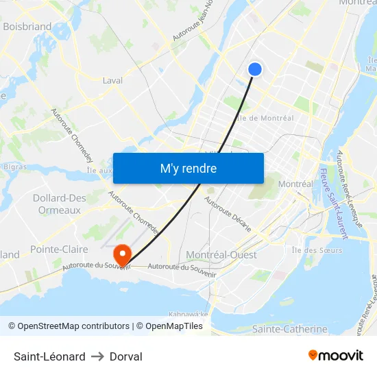 Saint-Léonard to Dorval map