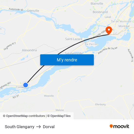 South Glengarry to Dorval map