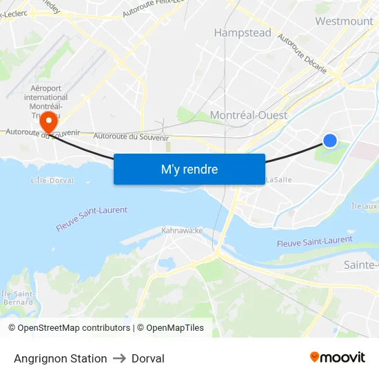 Angrignon Station to Dorval map