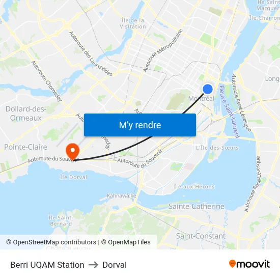 Berri UQAM Station to Dorval map
