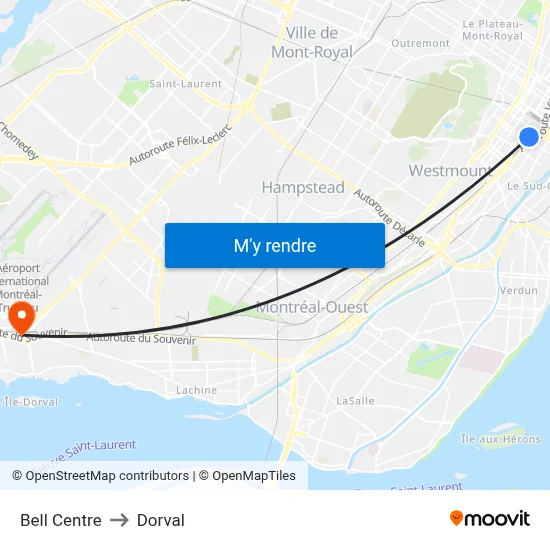 Bell Centre to Dorval map