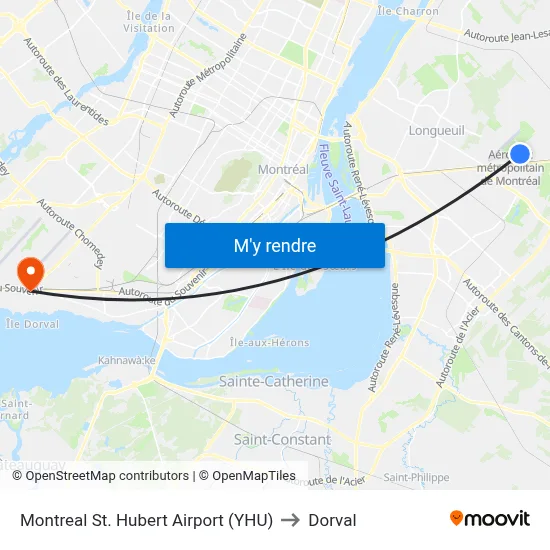 Montreal St. Hubert Airport (YHU) to Dorval map