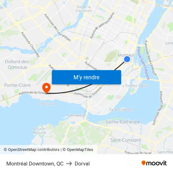 Montréal Downtown, QC to Dorval map