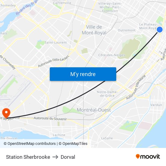 Station Sherbrooke to Dorval map