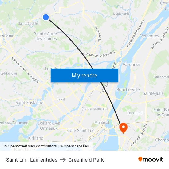 Saint-Lin - Laurentides to Greenfield Park map