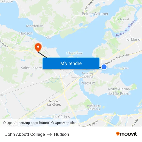 John Abbott College to Hudson map
