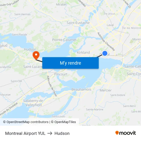 Montreal Airport YUL to Hudson map