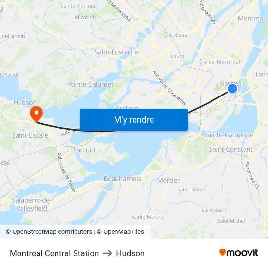 Montreal Central Station to Hudson map