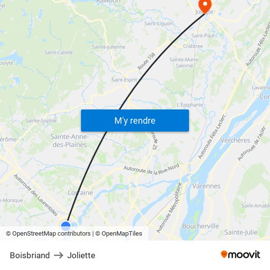 Boisbriand to Joliette map