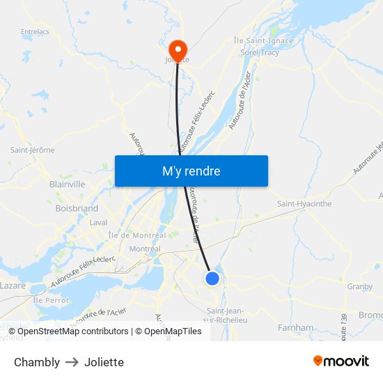 Chambly to Joliette map