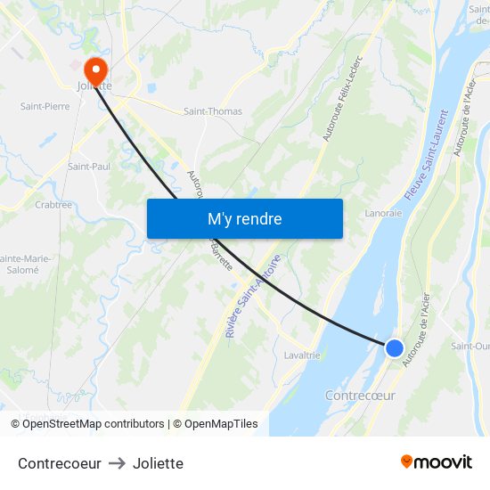 Contrecoeur to Joliette map