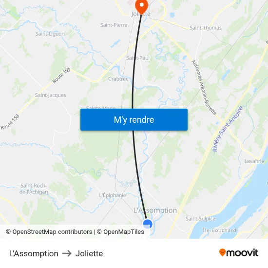 L'Assomption to Joliette map