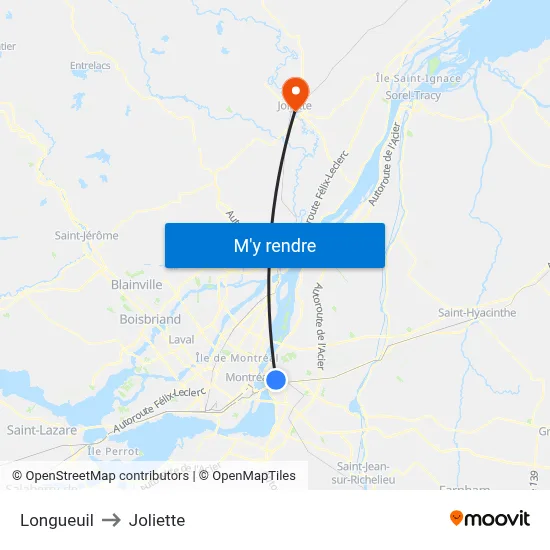 Longueuil to Joliette map