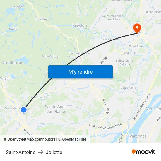 Saint-Antoine to Joliette map