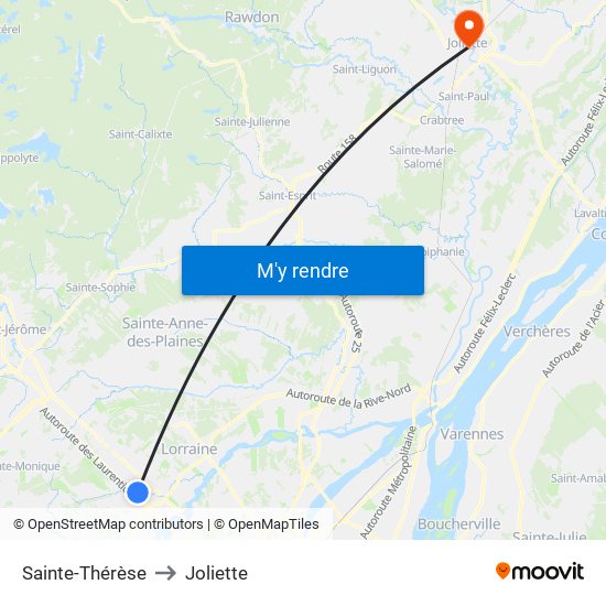 Sainte-Thérèse to Joliette map