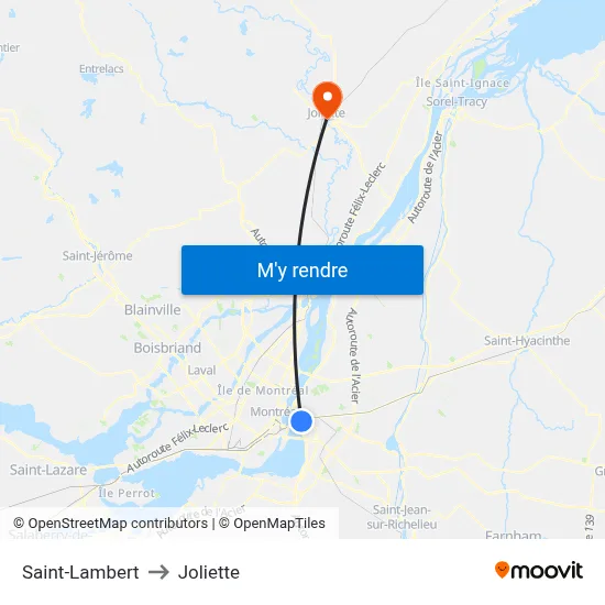 Saint-Lambert to Joliette map