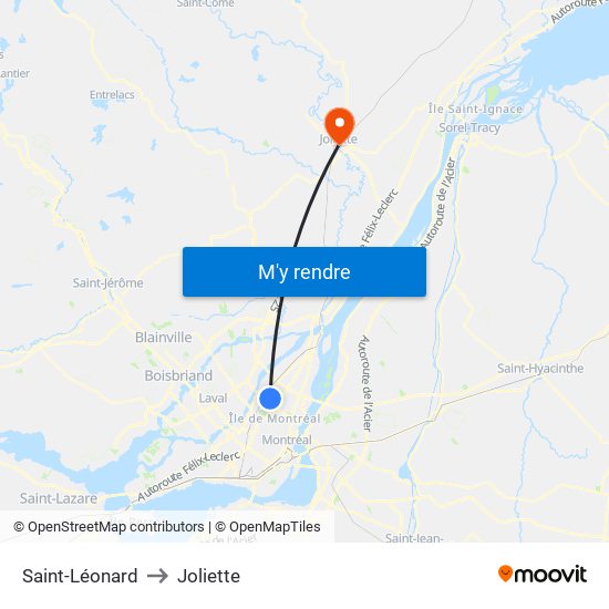Saint-Léonard to Joliette map
