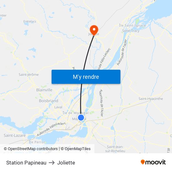 Station Papineau to Joliette map