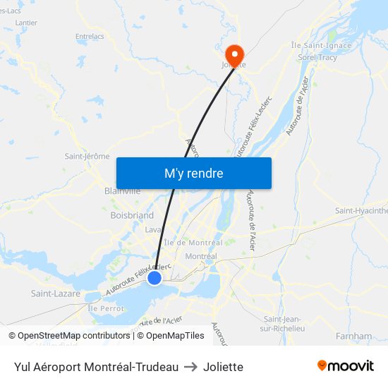 Yul Aéroport Montréal-Trudeau to Joliette map