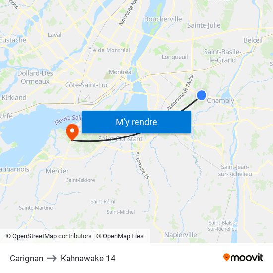Carignan to Kahnawake 14 map
