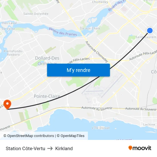 Station Côte-Vertu to Kirkland map