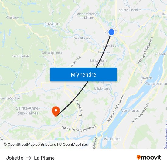 Joliette to La Plaine map