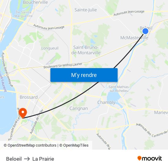 Beloeil to La Prairie map