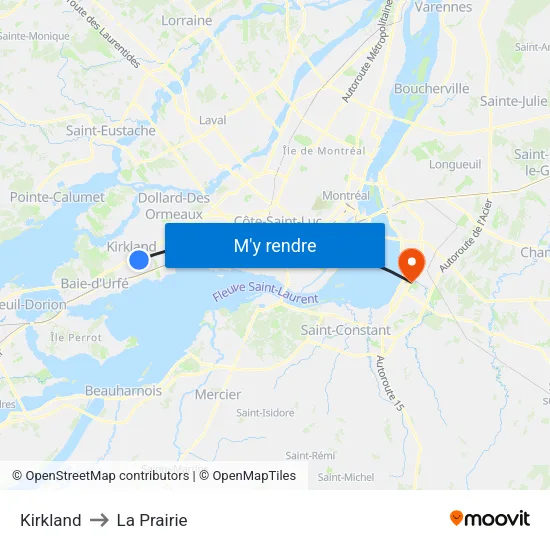 Kirkland to La Prairie map